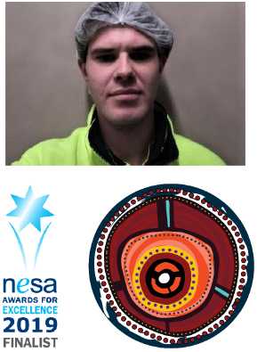 Man looking at camera alongside NESA finalist logo and atWork Australia indigenous logo